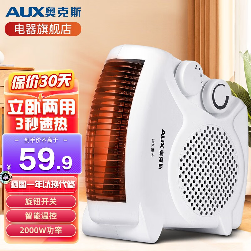 奥克斯（AUX） 取暖器家用暖风机暖风扇落地桌面电暖器便携式电暖气片烤火取暖炉热风机 白色 温控款