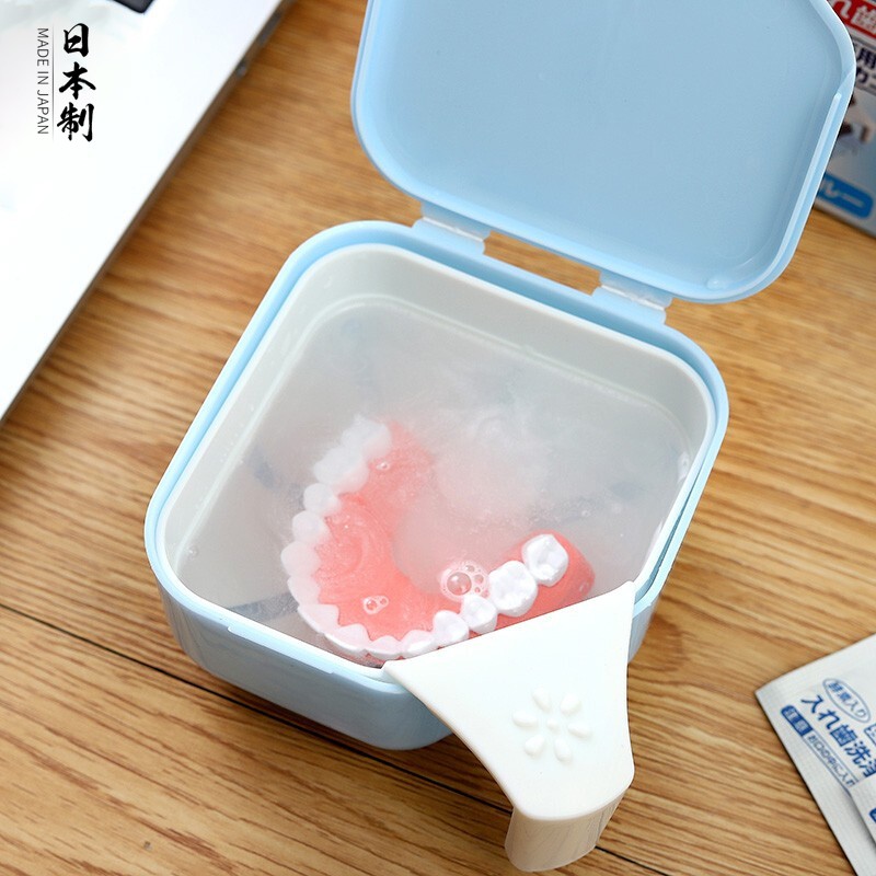 家の物语（KATEI STORY）日本进口假牙盒收纳盒护理盒义齿盒乳牙齿纪念盒老人清洁保持器盒 假牙收纳盒（蓝色）