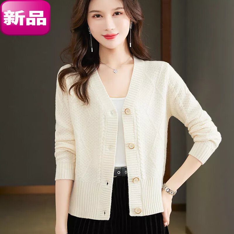 季毛衣短款外套女针织衫洋气时尚妈咪打底开衫小衫 米白 短款121方块