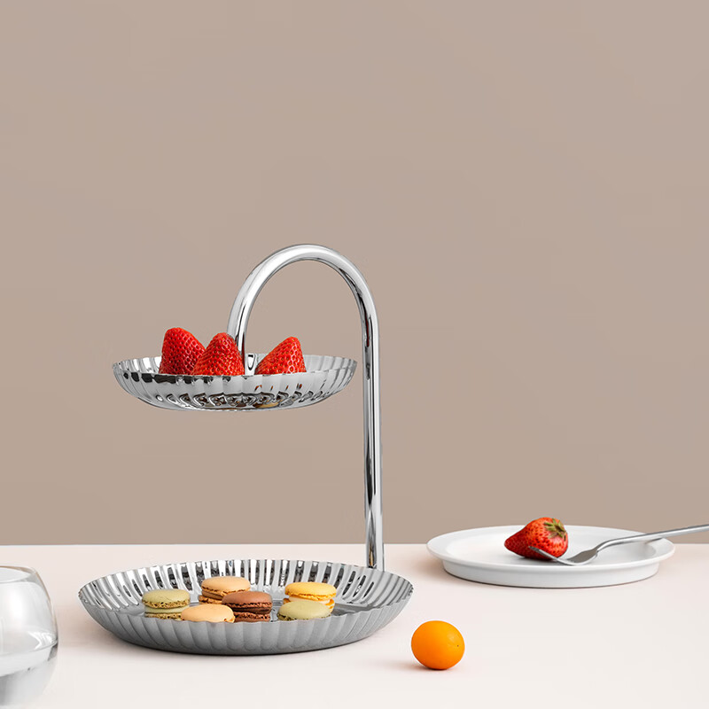 UTHALLIGHET欧式不锈钢创意点心架家用商用轻奢下午茶套装蛋糕盘水果坚果盘 银色-条纹 2层