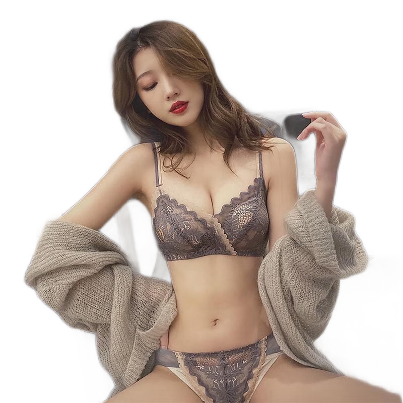 貓惑蛇年內(nèi)衣女無鋼圈聚攏小胸調(diào)整型收副乳防下垂上托文胸情人節(jié)禮物 墨灰色【文胸+內(nèi)褲】 75B =34B