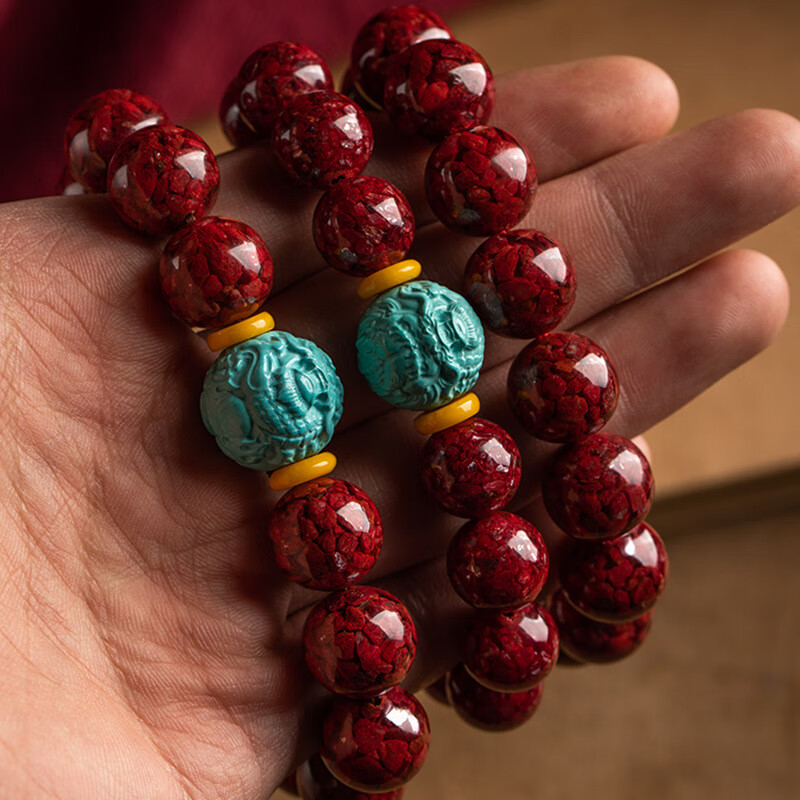 沃韵高端天然朱砂晶体砂手串绿松石祥龙配珠本命年女男款手链古风文玩