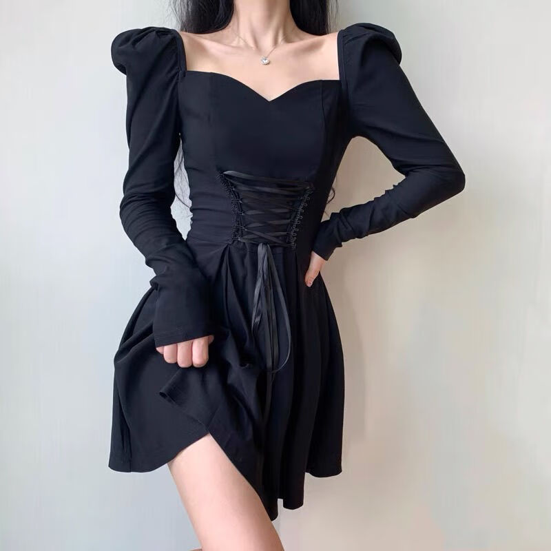 复古泡泡袖连衣裙女气质新款方领束腰显瘦公主裙A字短款 黑色 XL 120-130