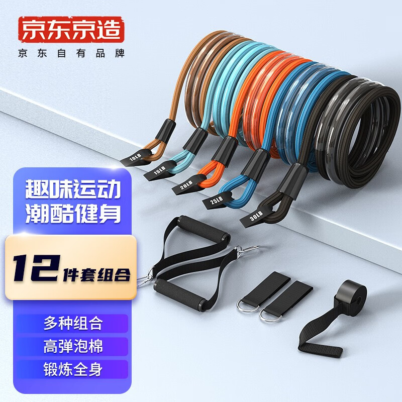 京东京造 拉力绳弹力带拉力器臂力器 家用阻力带锻炼胸肌训练肌肉运动健身器材弹力绳12件套（100磅）