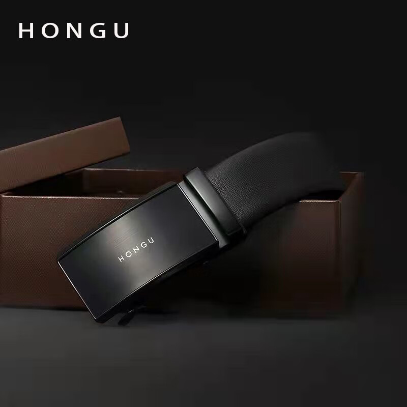 红谷(hongu)腰带新款牛皮男士自动扣皮带裤带2021新款 漆黑(可裁剪)