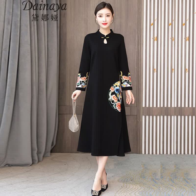 黛娜娅（Dainaya） 旗袍女2023春秋新款大码女装中国风日常改良复古汉服连衣裙 3411 黑色 4XL高性价比高么？