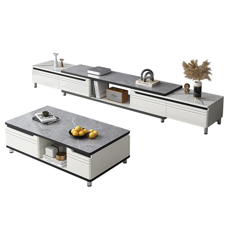 蔓斯菲尔 电视柜现代简约小户型可伸缩电视机柜客厅家用电视柜组合新款轻奢 【电视柜】三抽210CM白纹理+暖白