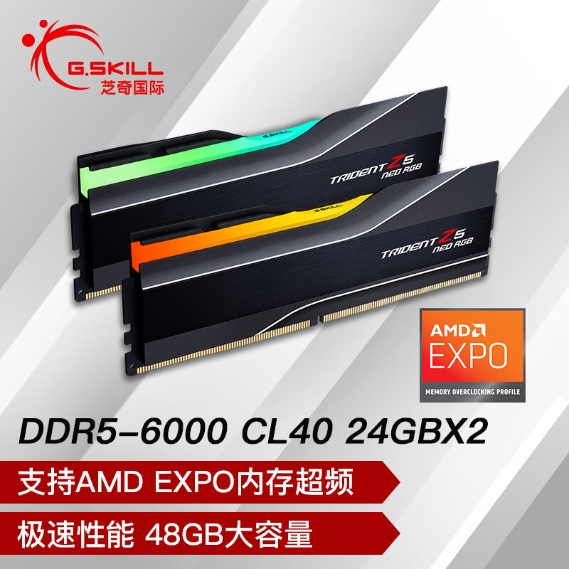 芝奇（G.SKILL）48GB(24Gx2) DDR5 6000 台式机灯条-焰锋戟RGB灯条/AMD EXPO/C40