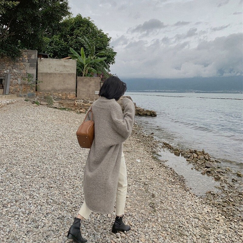 相伊恋人针织开衫女25年秋冬季新款设计感毛衣针织外套显瘦慵懒风大衣外套 沙茶驼【长款】 均码