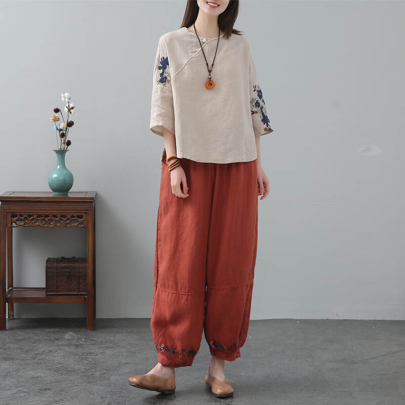 棉麻套装女夏季中国民族风文艺复古宽松上衣妈妈 麻本色上衣 橘色裤子