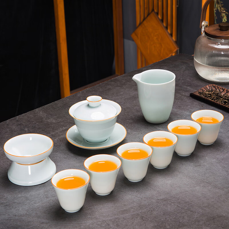 枳亲青瓷茶具套装青瓷功夫茶具套装家用简约陶瓷泡茶壶 影青瓷10头