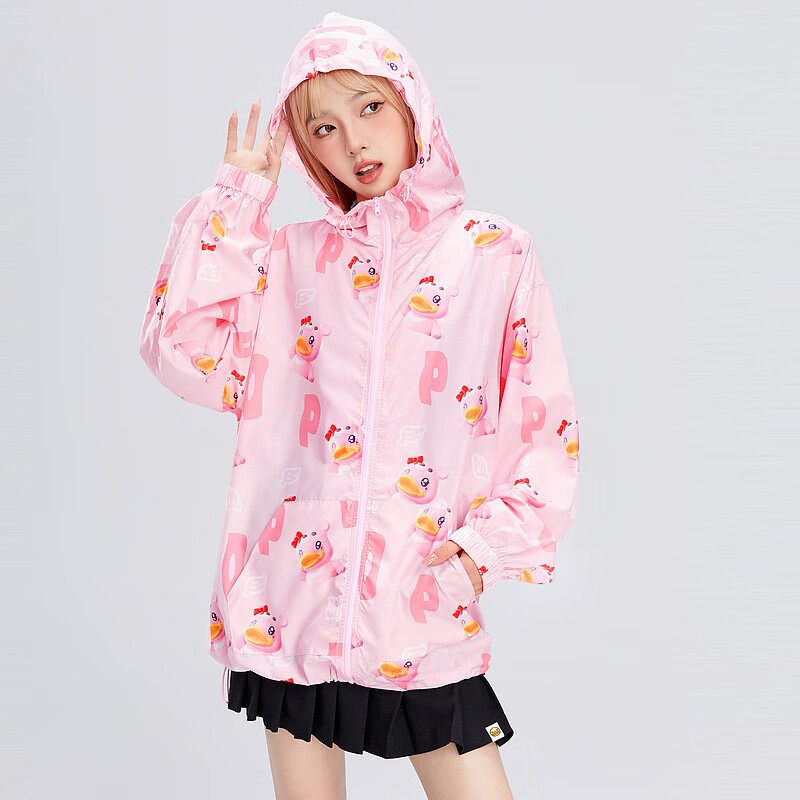 duck小黄鸭女式外套夏季新款nft元宇宙宽松少女甜粉遮阳上衣 粉色满印