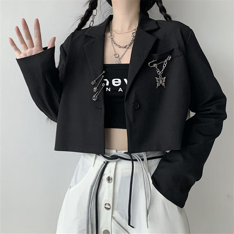 小西装韩版春秋季新款黑色炸街西装外套女设计感小众宽松bf短款高腰