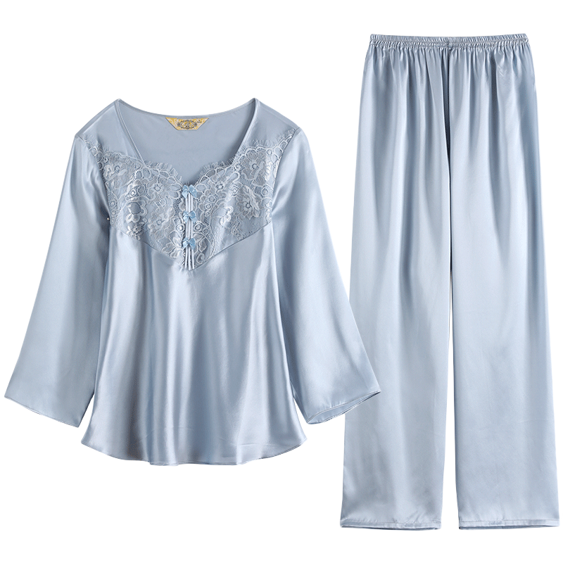 美標送禮物真絲睡衣套裝女長袖套裝春秋100%桑蠶絲綢睡衣紅色居家服夏 藍煙色 2XL (175/96A)