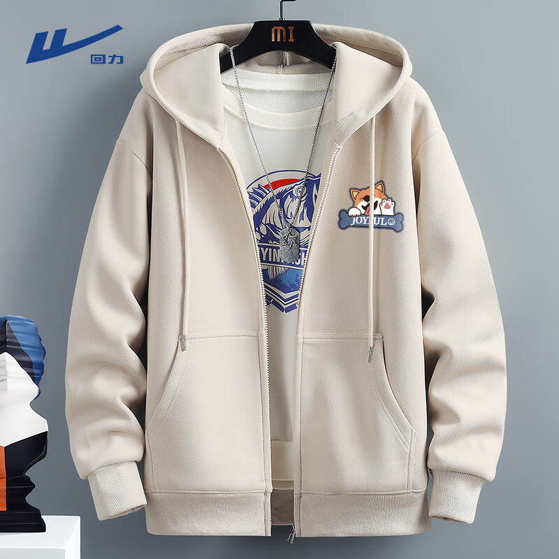 回力加绒开衫外套男士春秋新款秋冬加厚休闲连帽卫衣男生学生拉链帽衫 杏色(快乐柯基胸标) L /175(回力潮牌 品质保障)