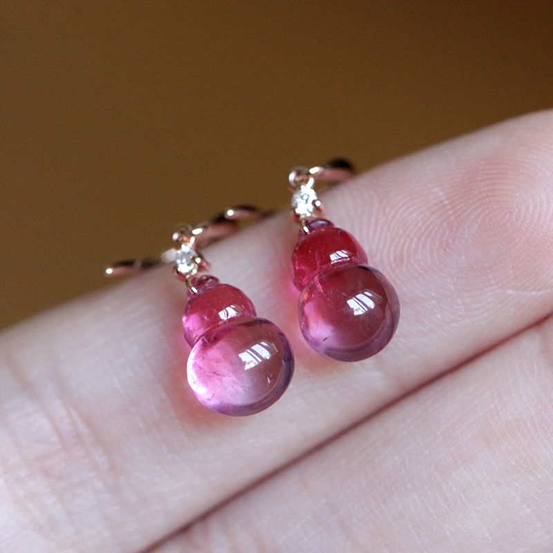 念夏碧玺耳环桃花运粉红碧玺饱满立体葫芦耳钉 s925银时尚款 粉红碧玺