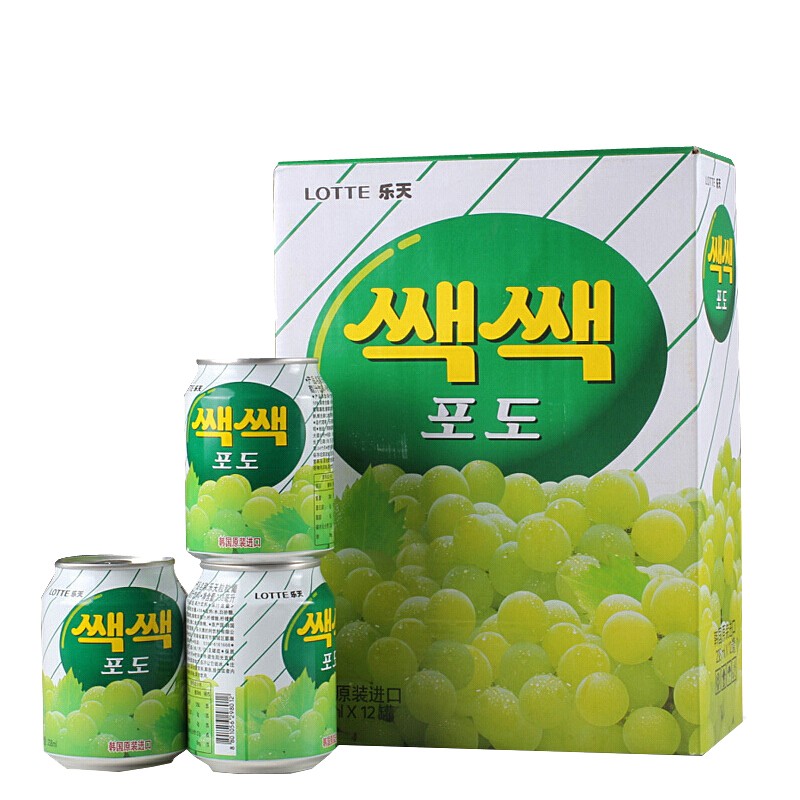 韩国进口果汁饮料0脂肪罐装屯粮年货 乐天葡萄汁饮料238ml*12