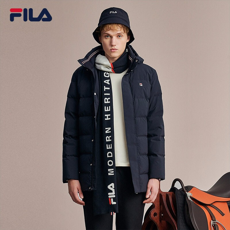 fila 斐乐官方男子中长款羽绒服2021冬季时尚大气简约棉羽连帽长外套