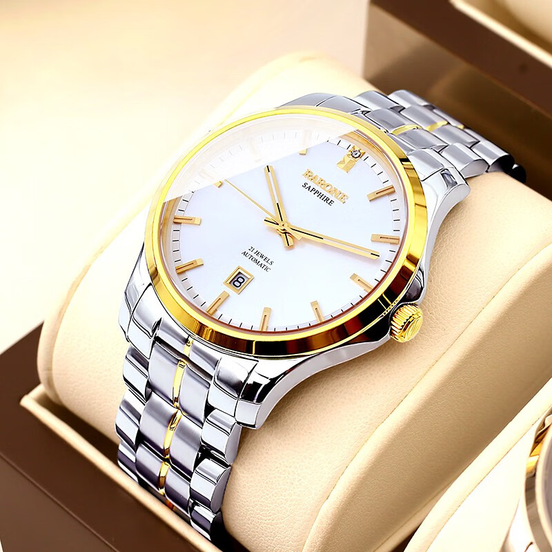 雷诺(rarone) 手表男士手表全自动机械男表夜光日历商务时尚腕表 间金