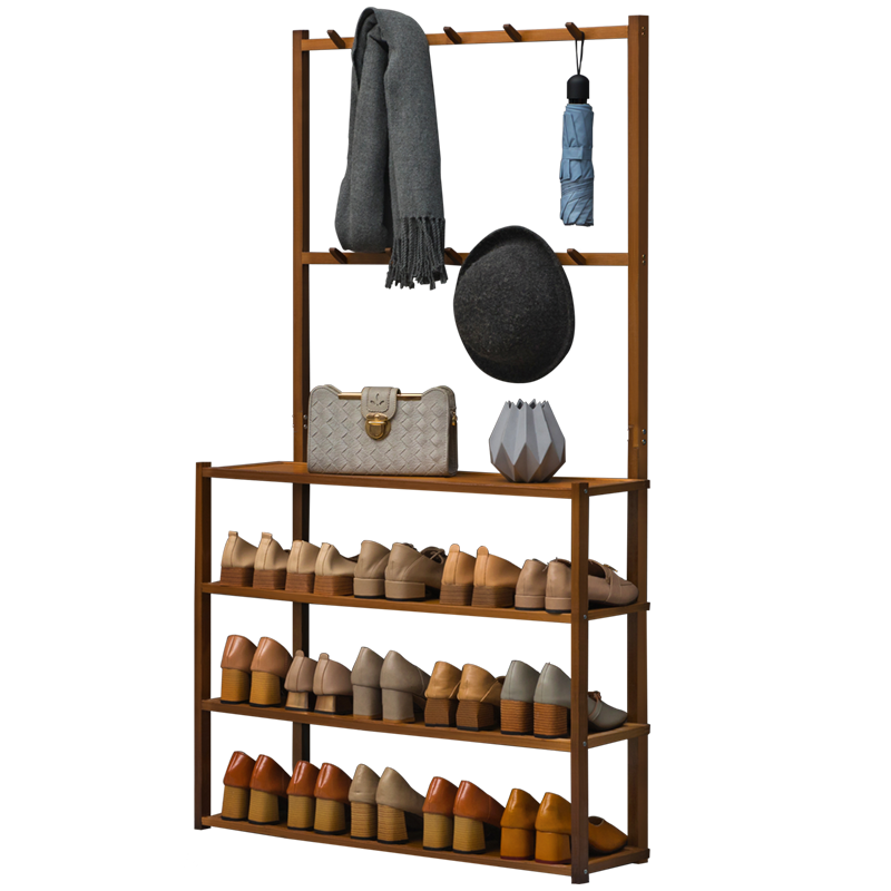 淘之良品简易多层落地鞋架子玄关门口储物客厅宿舍收纳鞋架卧室家用防尘家用经济型换鞋楠竹挂钩置物架收纳 【双排挂钩】茶色-四层78长