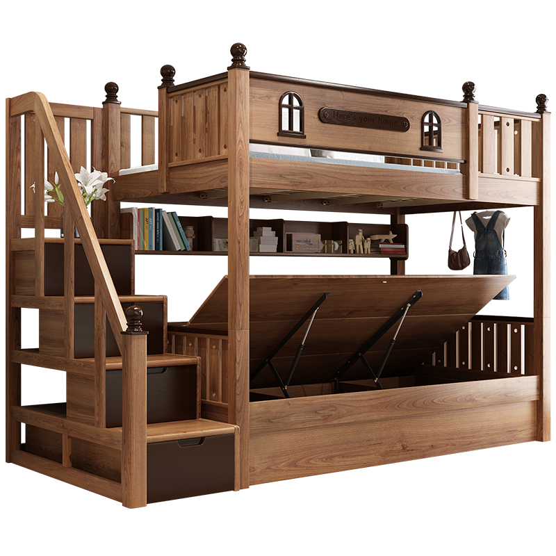 优漫佳 儿童床高低床上下床橡胶木全实木上下铺双层床儿童家具上下同宽 水性漆 胡桃色水性漆 高低床+柜梯 (不含书架) 上下铺 同宽1.35*2米 可拆分为二