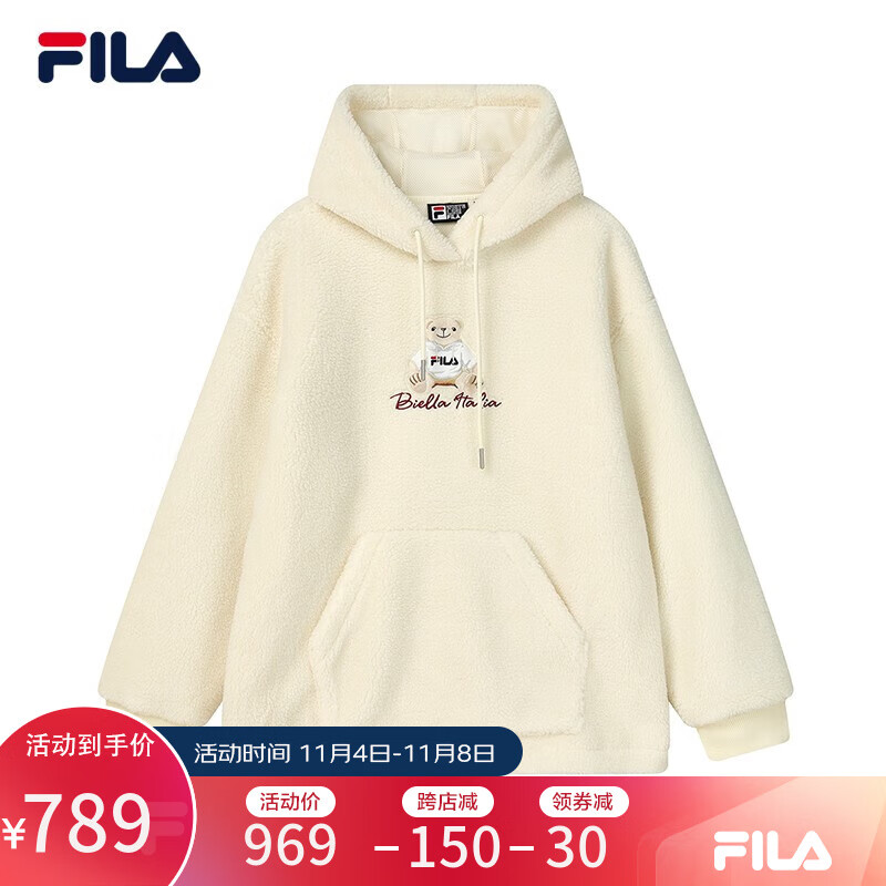 FILA 斐乐官方女子卫衣2022冬时尚宽松休闲连帽绒面针织上衣商场同款 香草白-IV 165/84A/M