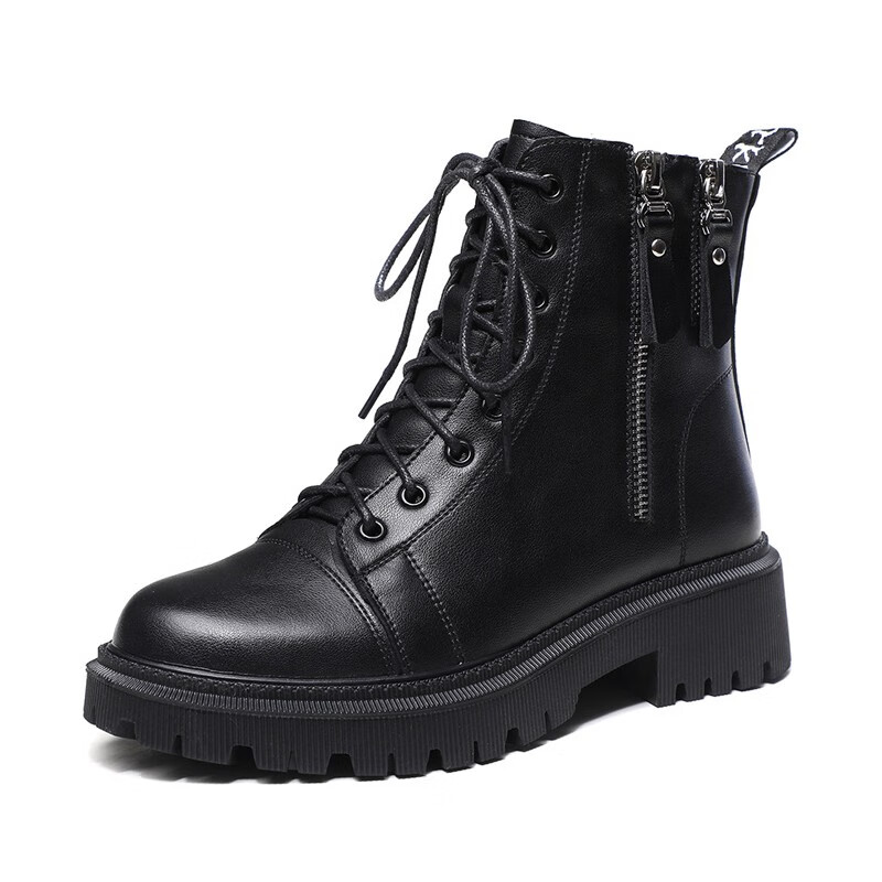 柯妮丽人马丁靴女靴子2025新款英伦风女鞋增高女士短靴系带机车女靴潮鞋子 黑色单里 36