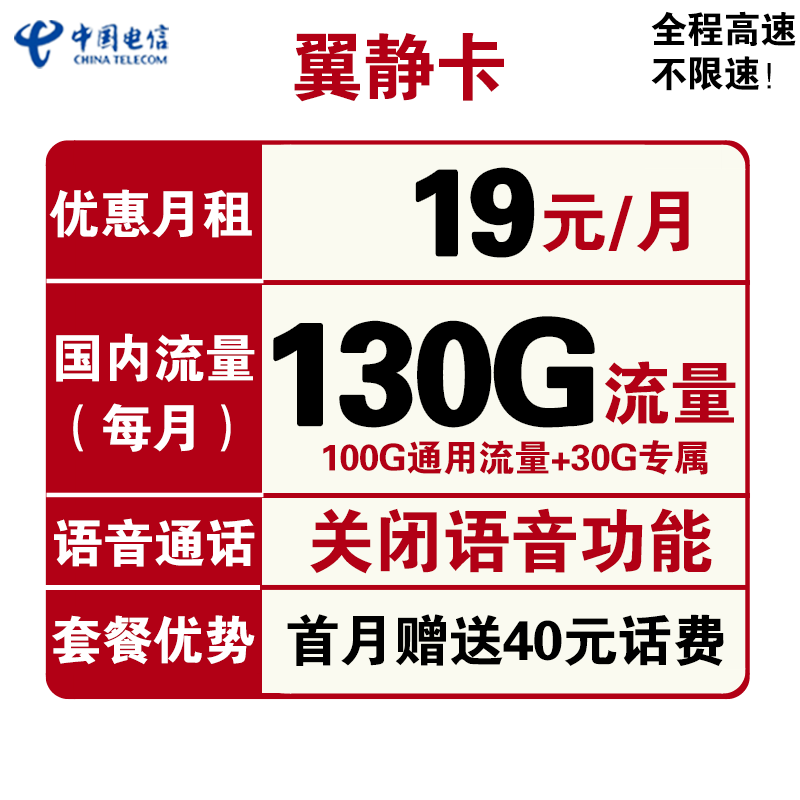 中国电信 手机卡流量卡高速上网卡校园卡包年流量卡5G套餐通用100g不限速畅享天翼支付电话卡星卡 【电信翼静卡】 19元包每月130G全国流量不限速