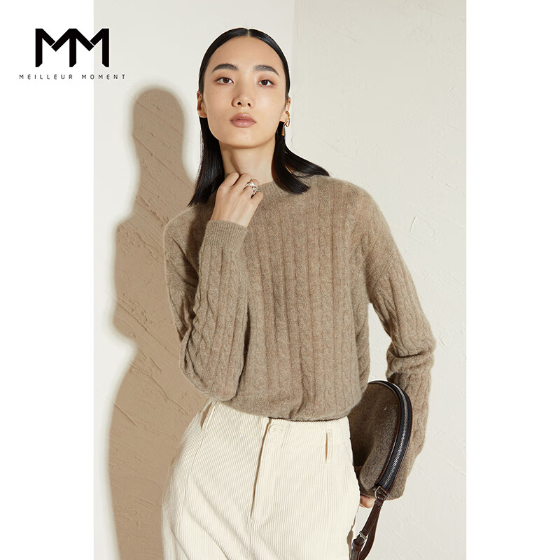 mm麦檬2021秋新款山羊绒短款女宽松麻花编织毛衣针织衫5c8931091 浅