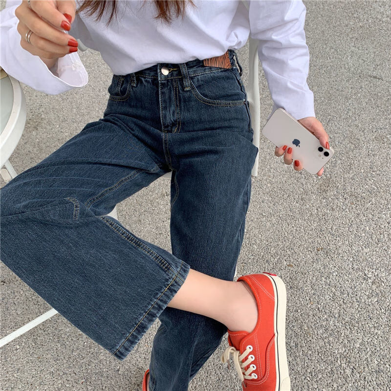 ahka复古直筒牛仔裤女新款小个子高腰阔腿裤宽松深色老爹裤子 蓝灰色