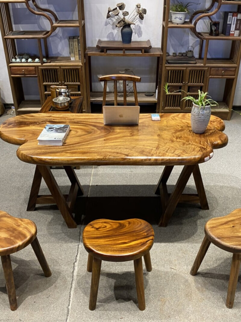 榕鹭胡桃木实木大板茶桌原木整块茶台桌椅组合新中式随形桌异形泡茶桌