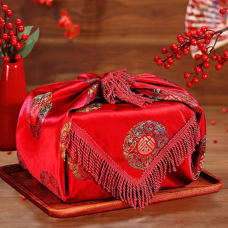 包袱皮结婚包裹布喜盆红色布包袱皮陪嫁喜事婚庆用品 流苏福字款