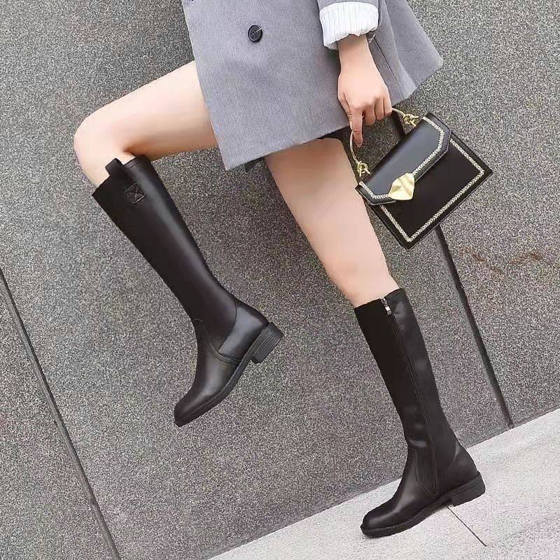 青少女生中筒平底靴女款中长款骑士靴子冬天穿的不过膝盖长筒靴皮靴高