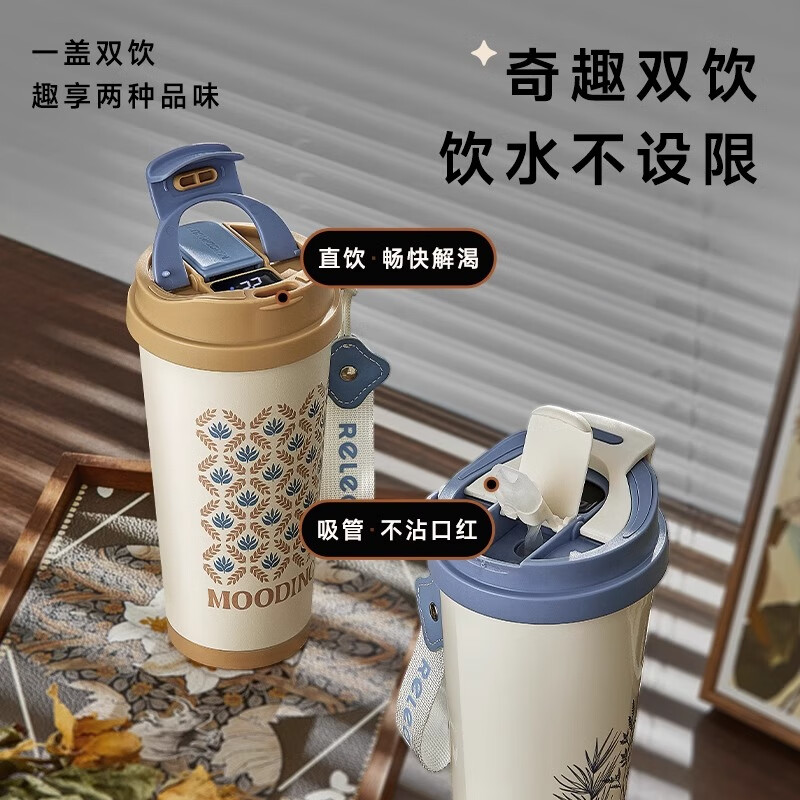 物生物(RELEA)保温杯咖啡杯男女大容量高颜值水杯学生便携双饮吸管杯子生日礼物 白色秘境-316L内胆-更保温560ml