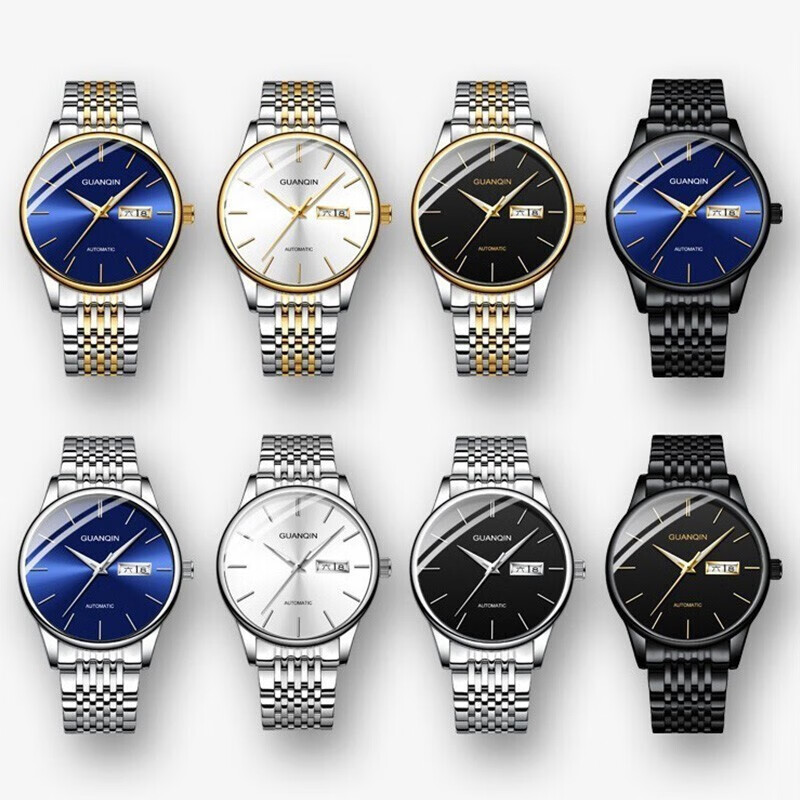 冠琴（GUANQIN）十大品牌手表男士进口机芯全自动机械表双日历夜光防水男表 全黑蓝面【进口机芯】16217