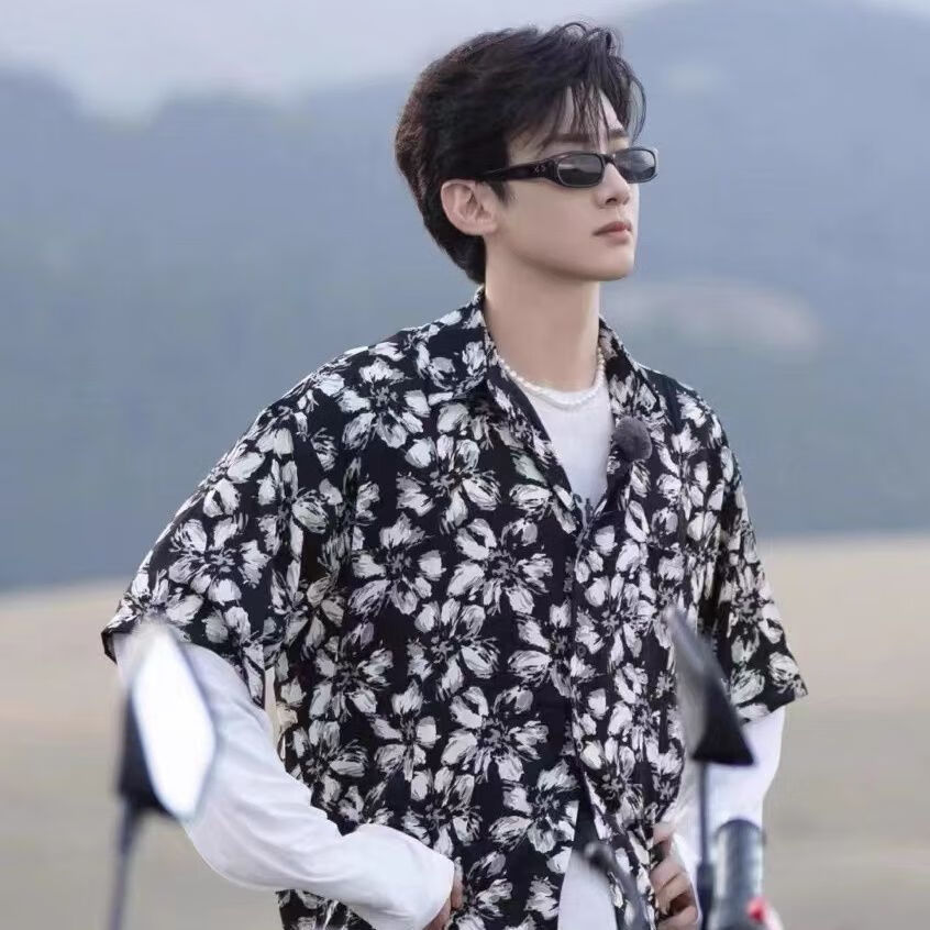 锦竞短袖男夏季薄款ins风宽松2024新款白敬亭穿搭痞帅高级感碎花衬衫