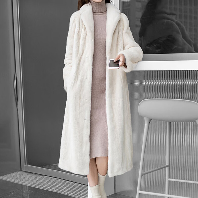 貂皮大衣女长款过膝环保水貂绒年轻款西服领皮草加厚外套 珍珠白
