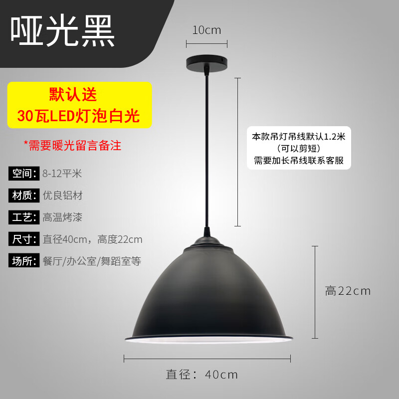 奧羅登簡(jiǎn)約現(xiàn)代吊燈工業(yè)風(fēng)創(chuàng)意個(gè)性單頭工礦燈罩吧臺(tái)餐廳辦公室美發(fā)店燈 40cm烤漆黑送30瓦LED