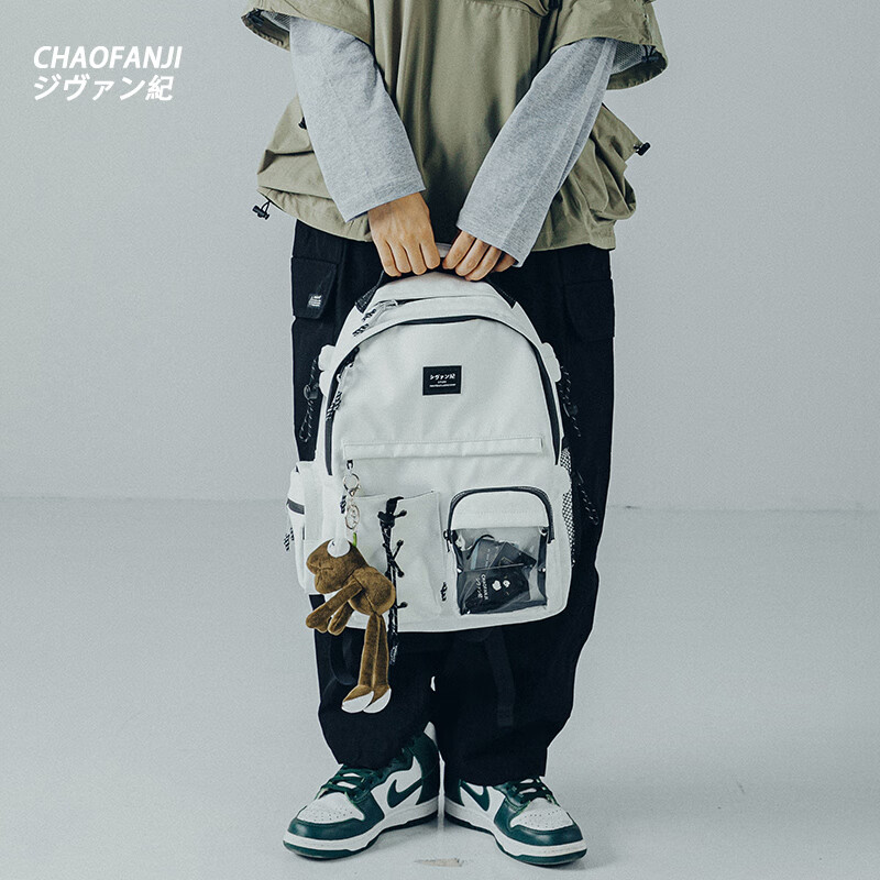 CHAOFANJI 日系潮牌双肩包男女款书包旅行背包大容量书包防水电脑包学生包 黑色大号【加购下单送熊猫挂件】