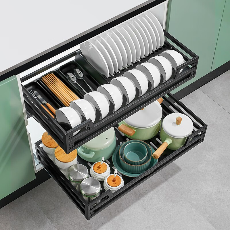 卡贝cobbe橱柜拉篮双层抽屉式碗碟不锈钢304厨房碗栏厨柜抽屉碗架拉蓝