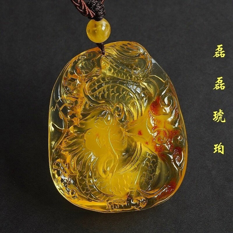 琪漫蜜珀气派非凡天然琥珀蜜蜡吊坠神龙俏色雕刻金绞蜜大挂件附证书