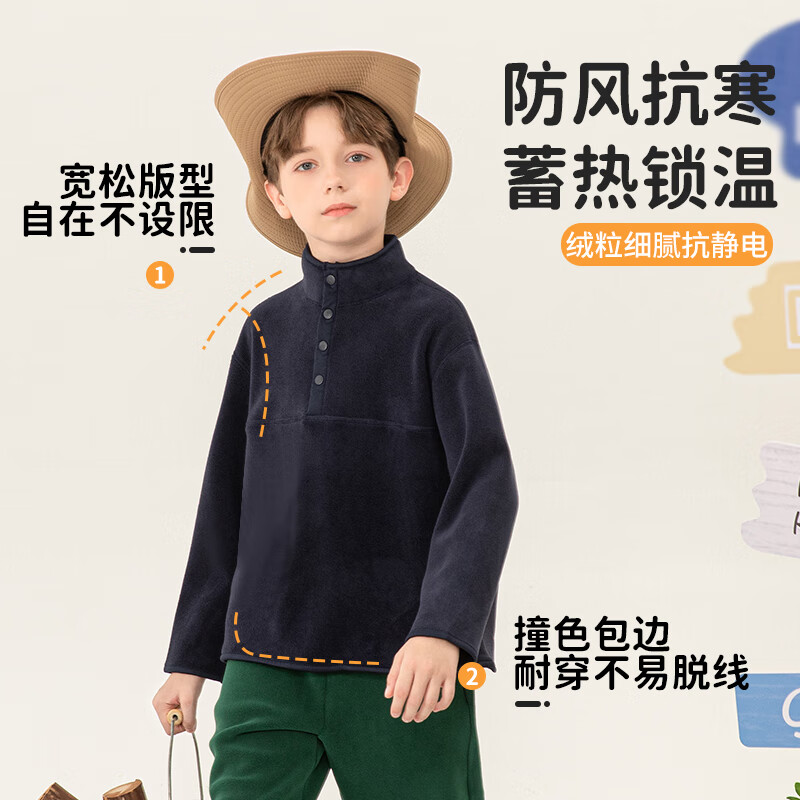 巴布豆儿童加绒卫衣秋冬女童摇粒绒半开领保暖上衣男童时尚设计感童装 藏青 150