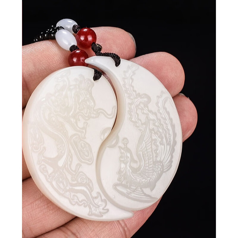 佩曼 情侣玉佩吊坠一对新疆和田玉龙凤对白玉月牙龙凤佩玉牌挂件款玉