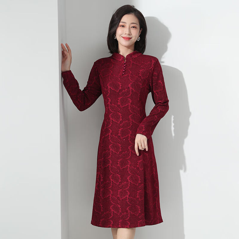 【女装新款】中老年春季长袖连衣裙女妈妈装春秋洋气提花裙子中长款