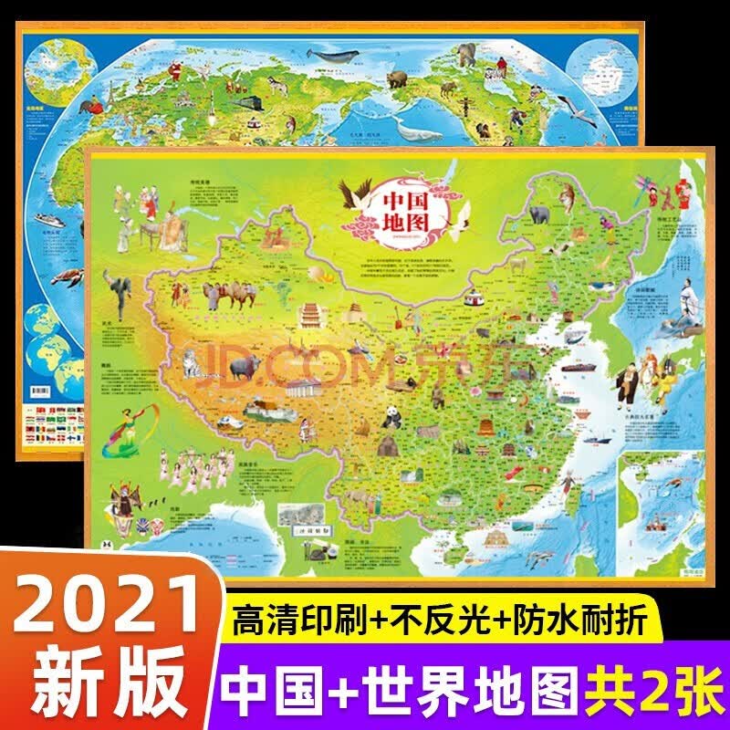 抖音8张中国地图+世界地图儿童地理百科知识挂图地图儿童绘图全新版儿童房专用家庭教育亲子启蒙地图 2张 中国地图+世界地图挂图