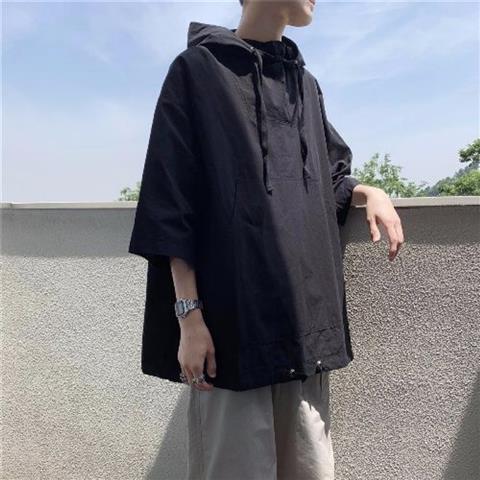 lanweifeilei夏季卫衣男宽松韩版潮流学生纯色五分袖休闲连帽套头短袖