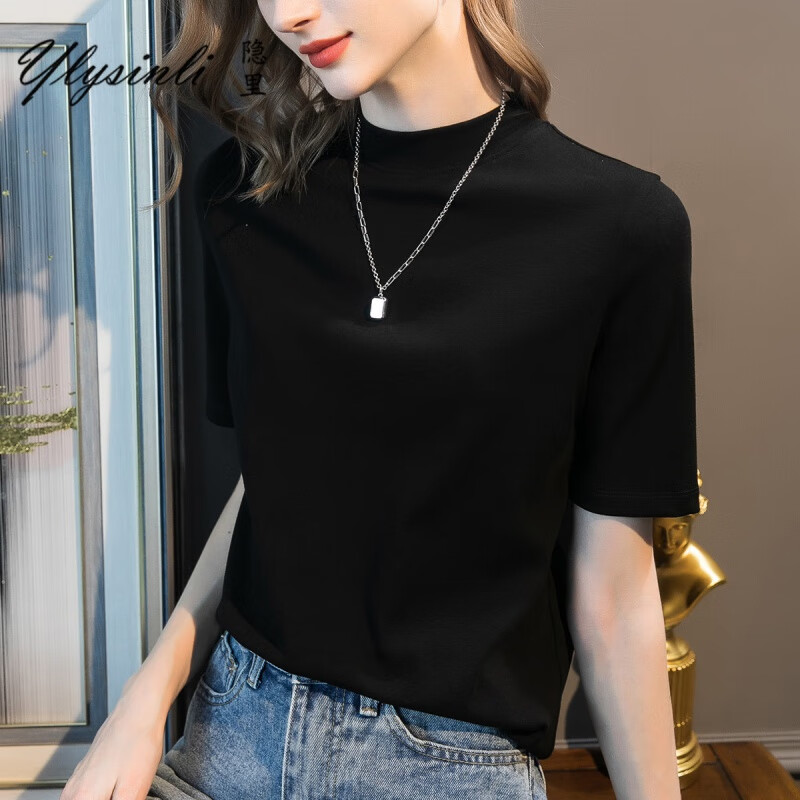 隐里T恤女2022年春夏装新款小立领半袖修身显瘦纯色上衣 黑色 XL