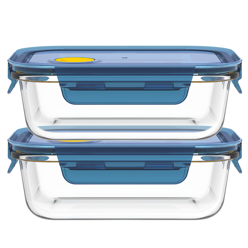 乐唯诗 高硼硅玻璃饭盒微波炉专用保鲜盒饭盒套装便当盒带盖长方形 蓝盖保鲜盒【400ml*2】