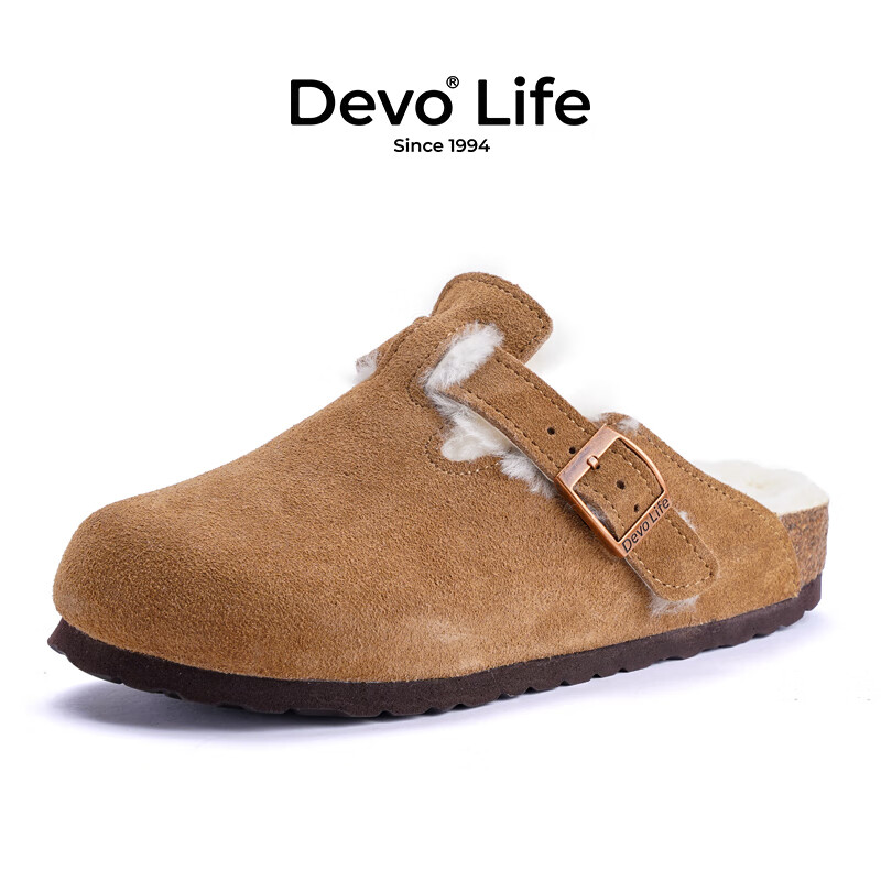 Devo的沃软木包头勃肯鞋毛毛拖鞋加绒内里半包半拖休闲情侣鞋66001 黄棕反绒皮+羊毛 37 （建议正码正拍）