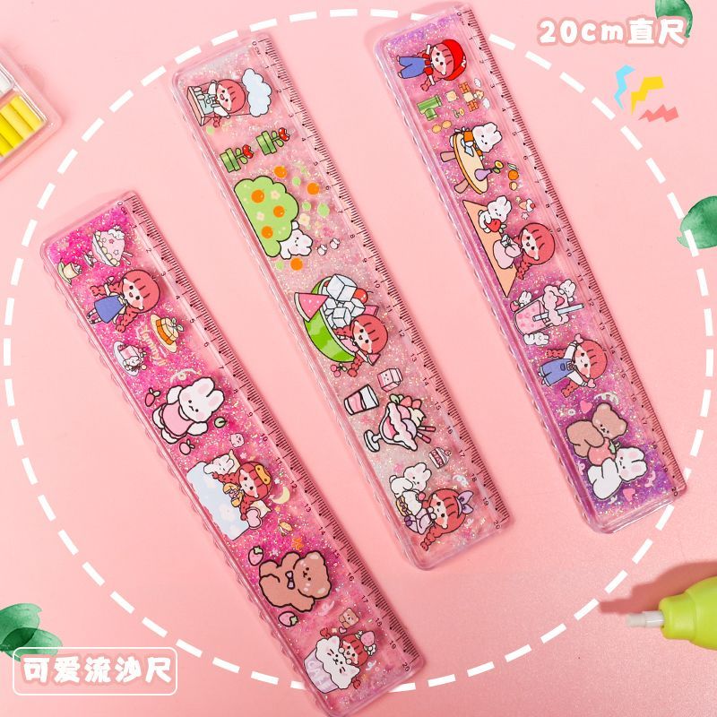 迷著萌可爱闪亮流沙尺子小学生专用透明直尺卡通儿童幼儿园20cm波浪尺 三丽鸥 2把【实惠】发不同图案